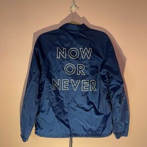 Blue Windbreaker Jacket with 'Now or Never' Print